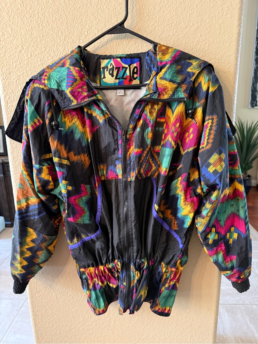 Unique 90’s Vintage Dramatic Convertible Collar Multicolor Windbreaker Jacket